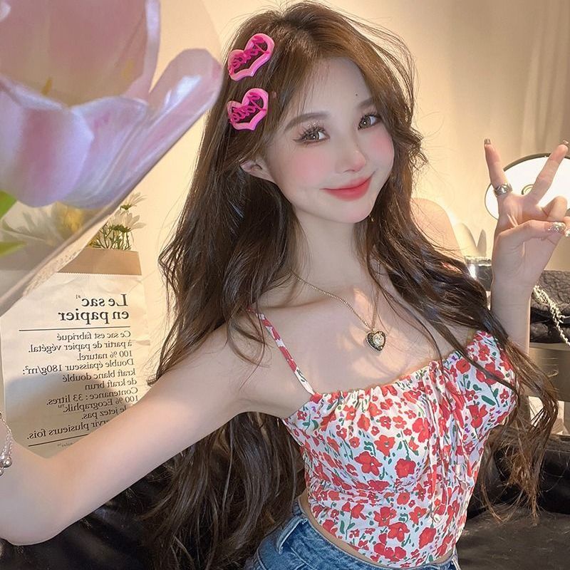 Jiashucheng Áo Hai Dây Ngắn In Hoa Đỏ Ngọt Ngào Chống Chói Phong Cách Phương Tây Thời Trang Mùa Hè Cho Nữ