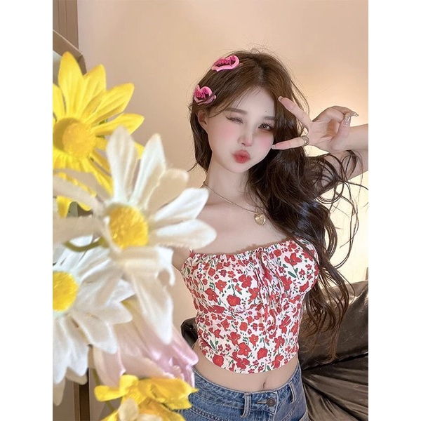 Jiashucheng Áo Hai Dây Ngắn In Hoa Đỏ Ngọt Ngào Chống Chói Phong Cách Phương Tây Thời Trang Mùa Hè Cho Nữ