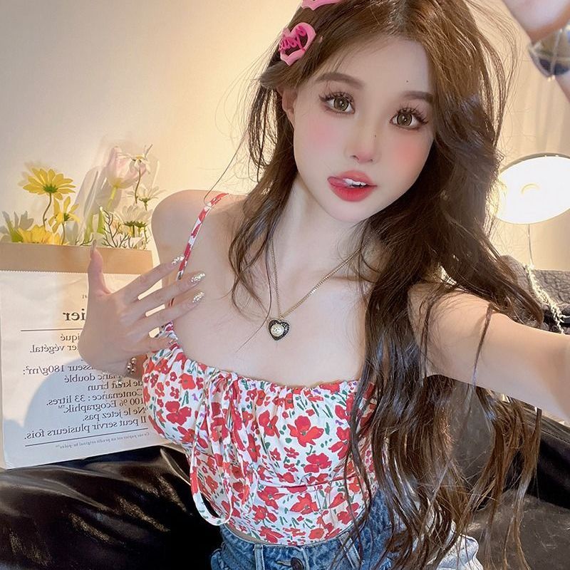 Jiashucheng Áo Hai Dây Ngắn In Hoa Đỏ Ngọt Ngào Chống Chói Phong Cách Phương Tây Thời Trang Mùa Hè Cho Nữ