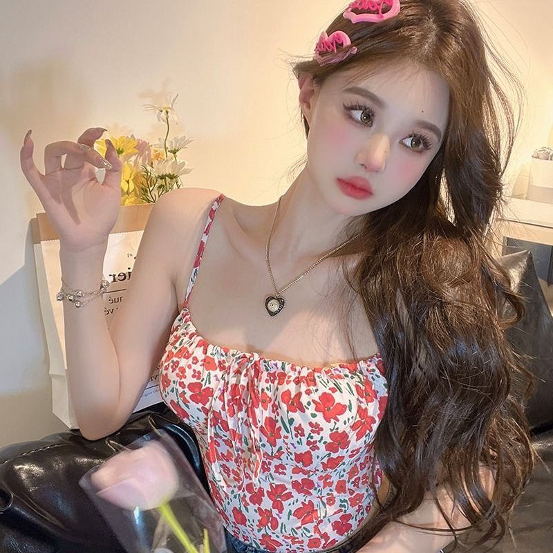 Jiashucheng Áo Hai Dây Ngắn In Hoa Đỏ Ngọt Ngào Chống Chói Phong Cách Phương Tây Thời Trang Mùa Hè Cho Nữ