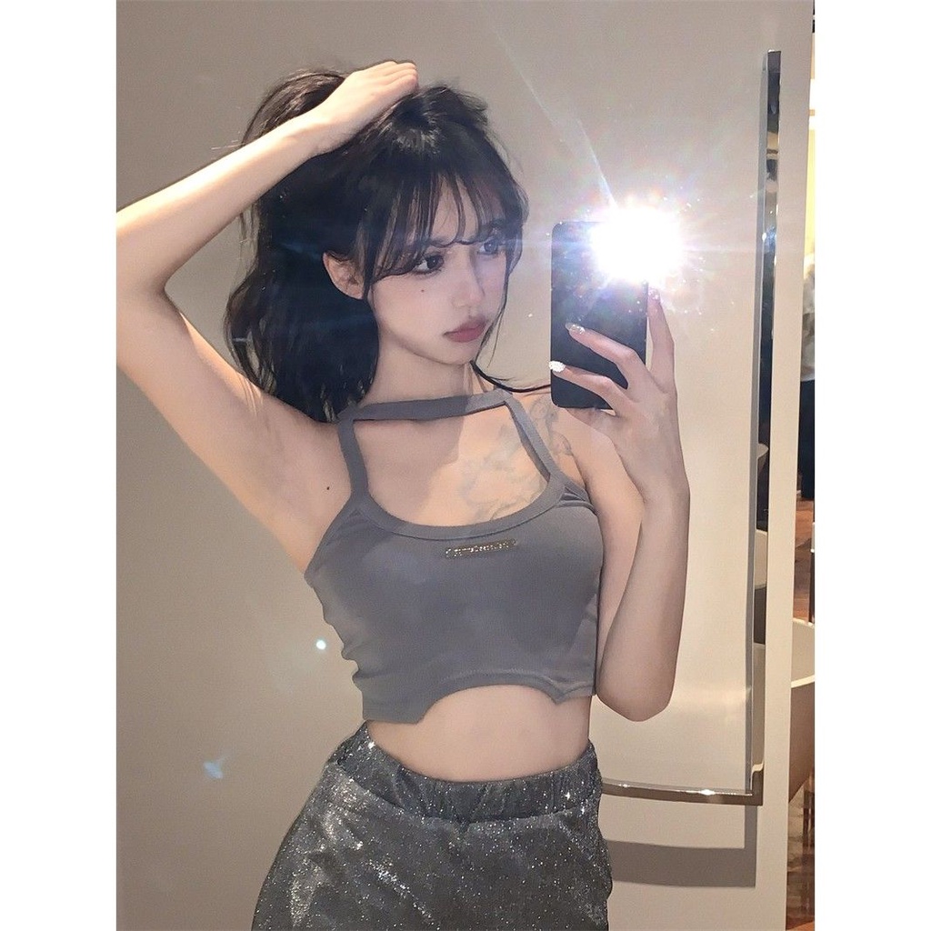 Jiashucheng Áo Hai Dây Ôm Dáng Màu Xám Lệch Tà Gợi Cảm Mùa Hè Cho Nữ