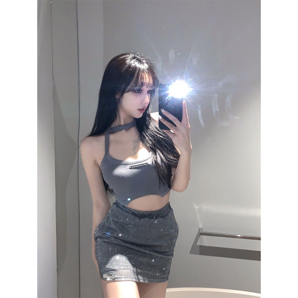 Jiashucheng Áo Hai Dây Ôm Dáng Màu Xám Lệch Tà Gợi Cảm Mùa Hè Cho Nữ