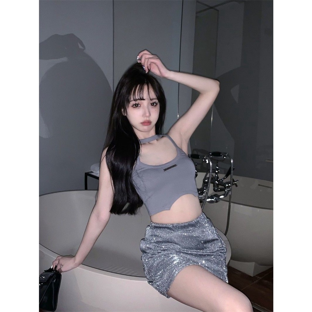 Jiashucheng Áo Hai Dây Ôm Dáng Màu Xám Lệch Tà Gợi Cảm Mùa Hè Cho Nữ