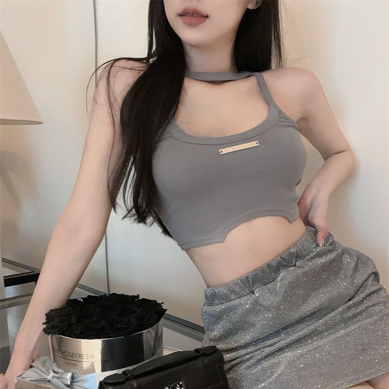 Jiashucheng Áo Hai Dây Ôm Dáng Màu Xám Lệch Tà Gợi Cảm Mùa Hè Cho Nữ