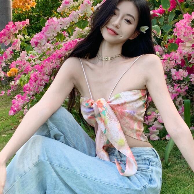 Jiashucheng Áo Hai Dây Hở Lưng Họa Tiết Hoa Thời Trang Mùa Hè Phong Cách Retro Pháp Ngọt Ngào Cho Nữ