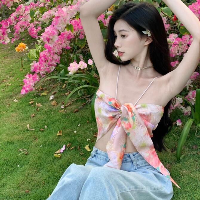 Jiashucheng Áo Hai Dây Hở Lưng Họa Tiết Hoa Thời Trang Mùa Hè Phong Cách Retro Pháp Ngọt Ngào Cho Nữ