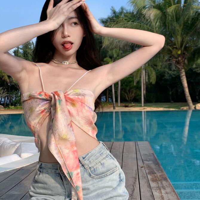 Jiashucheng Áo Hai Dây Hở Lưng Họa Tiết Hoa Thời Trang Mùa Hè Phong Cách Retro Pháp Ngọt Ngào Cho Nữ