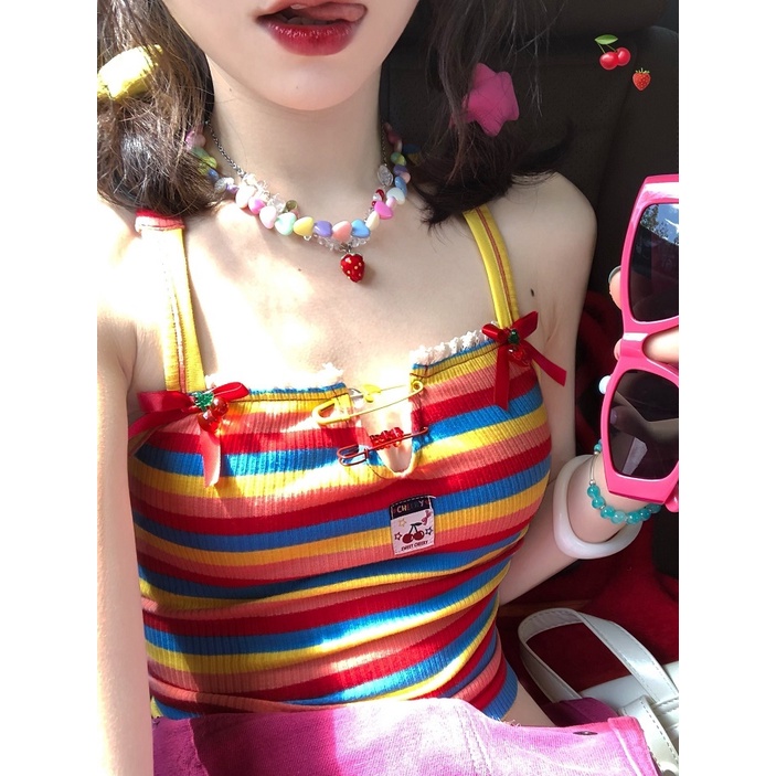 Jiashucheng Áo Sát Nách Dây Chéo Đính Hạt Màu Cầu Vồng Phong Cách Mới Mùa Hè Dopamine Chính Hãng