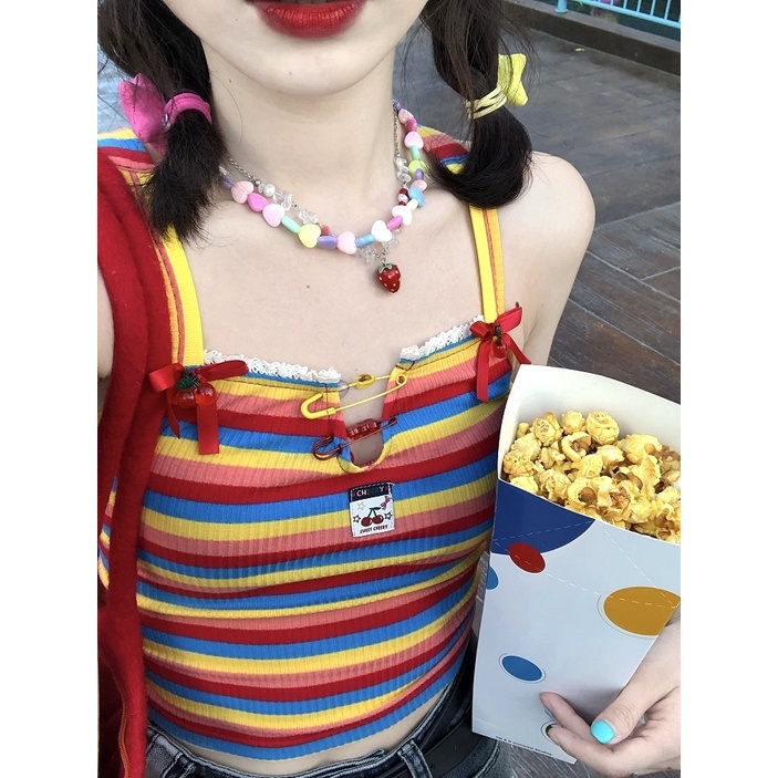 Jiashucheng Áo Sát Nách Dây Chéo Đính Hạt Màu Cầu Vồng Phong Cách Mới Mùa Hè Dopamine Chính Hãng