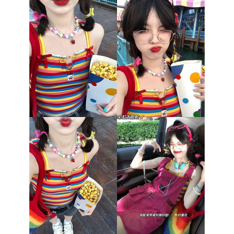Jiashucheng Áo Sát Nách Dây Chéo Đính Hạt Màu Cầu Vồng Phong Cách Mới Mùa Hè Dopamine Chính Hãng
