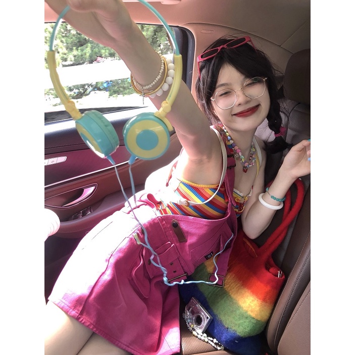 Jiashucheng Áo Sát Nách Dây Chéo Đính Hạt Màu Cầu Vồng Phong Cách Mới Mùa Hè Dopamine Chính Hãng