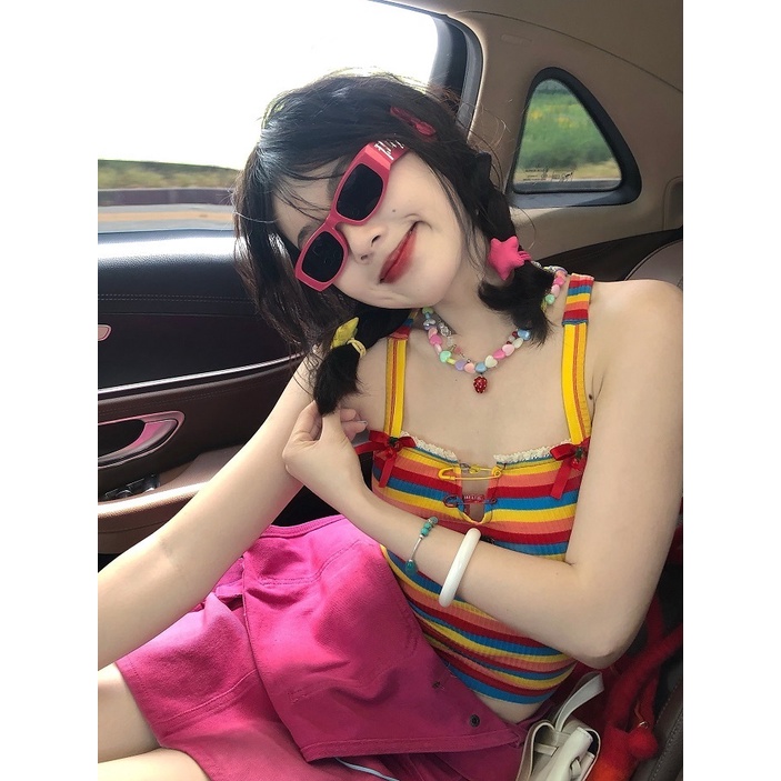 Jiashucheng Áo Sát Nách Dây Chéo Đính Hạt Màu Cầu Vồng Phong Cách Mới Mùa Hè Dopamine Chính Hãng