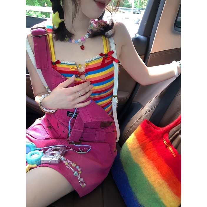 Jiashucheng Áo Sát Nách Dây Chéo Đính Hạt Màu Cầu Vồng Phong Cách Mới Mùa Hè Dopamine Chính Hãng