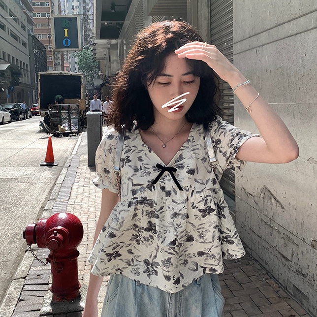 Jiashucheng Áo Sơ Mi Ngắn Tay Phồng Cổ Chữ v Dáng Rộng Nhuộm Màu Phong Cách Phương Tây Thời Trang Mùa Hè Dành Cho Nữ