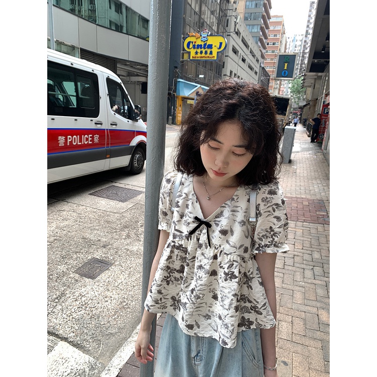 Jiashucheng Áo Sơ Mi Ngắn Tay Phồng Cổ Chữ v Dáng Rộng Nhuộm Màu Phong Cách Phương Tây Thời Trang Mùa Hè Dành Cho Nữ