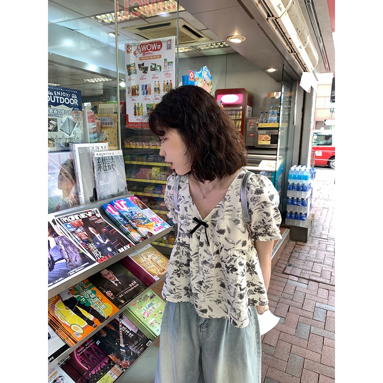 Jiashucheng Áo Sơ Mi Ngắn Tay Phồng Cổ Chữ v Dáng Rộng Nhuộm Màu Phong Cách Phương Tây Thời Trang Mùa Hè Dành Cho Nữ