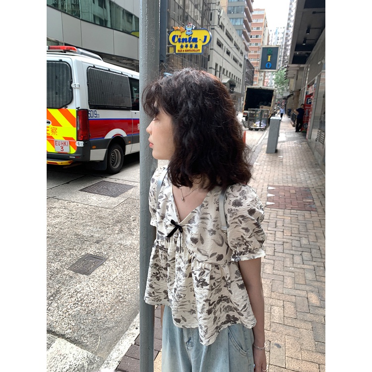 Jiashucheng Áo Sơ Mi Ngắn Tay Phồng Cổ Chữ v Dáng Rộng Nhuộm Màu Phong Cách Phương Tây Thời Trang Mùa Hè Dành Cho Nữ