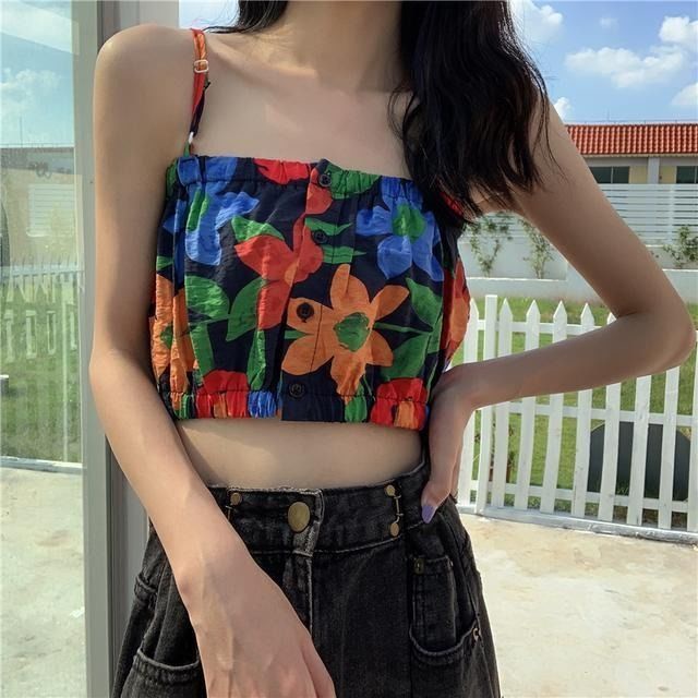 Jiashucheng Áo Ống Sát Nách Dạng Quấn Ngực Ngắn In Họa Tiết Hoa Thời Trang Mùa Hè Phong Cách Hàn Quốc Cho Nữ