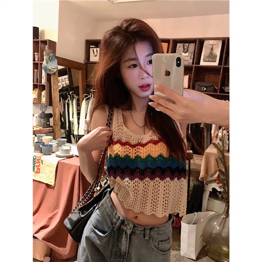 Jiashucheng Áo Dệt Kim Sát Nách Dáng Rộng Màu Cầu Vồng Thời Trang Mùa Hè Cho Nữ
