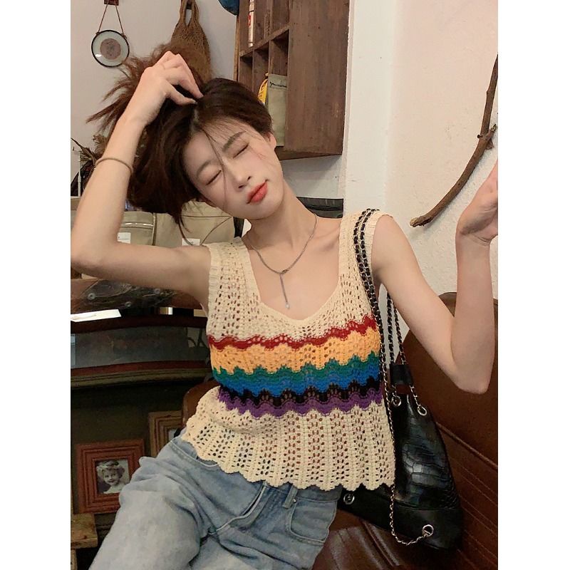 Jiashucheng Áo Dệt Kim Sát Nách Dáng Rộng Màu Cầu Vồng Thời Trang Mùa Hè Cho Nữ