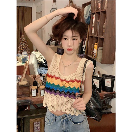 Jiashucheng Áo Dệt Kim Sát Nách Dáng Rộng Màu Cầu Vồng Thời Trang Mùa Hè Cho Nữ