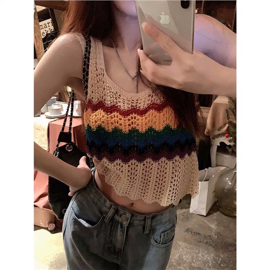 Jiashucheng Áo Dệt Kim Sát Nách Dáng Rộng Màu Cầu Vồng Thời Trang Mùa Hè Cho Nữ