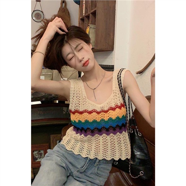 Jiashucheng Áo Dệt Kim Sát Nách Dáng Rộng Màu Cầu Vồng Thời Trang Mùa Hè Cho Nữ