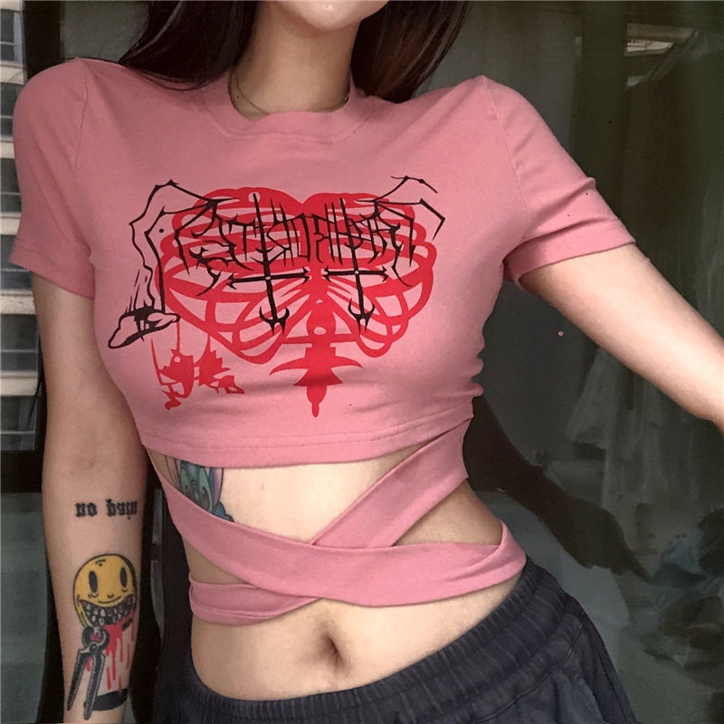 Jiashucheng Áo Thun Nữ Ngắn Tay Cột Dây Họa Tiết Graffiti Sáng Tạo