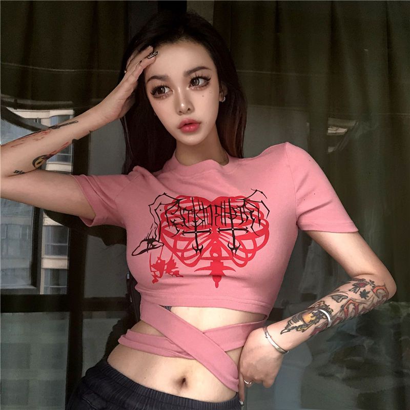 Jiashucheng Áo Thun Nữ Ngắn Tay Cột Dây Họa Tiết Graffiti Sáng Tạo