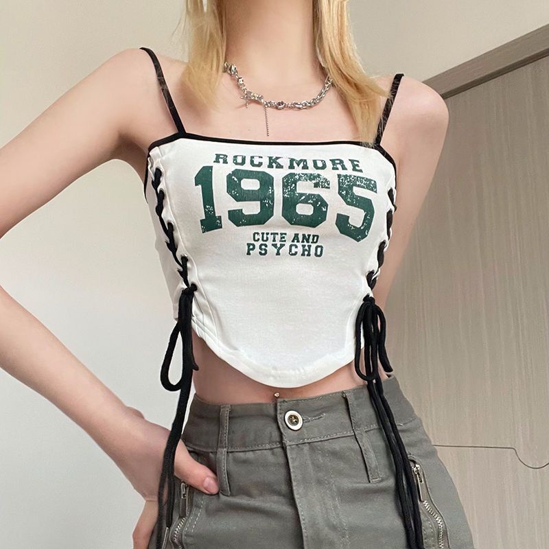 Jiashucheng Áo Hai Dây Thể Thao Dáng Ngắn Cột Dây Eo In Họa Tiết Phong Cách Hàn Quốc Thời Trang Mùa Hè