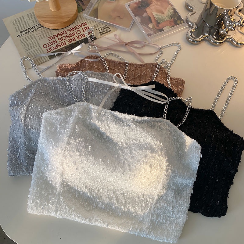 Jiashucheng Áo Ống Phối Dây Xích Màu Trơn Phong Cách Desire Ngọt Ngào Với Đệm Ngực Thiết Kế Cảm Giác Đính Nơ Bên Ngoài Cho