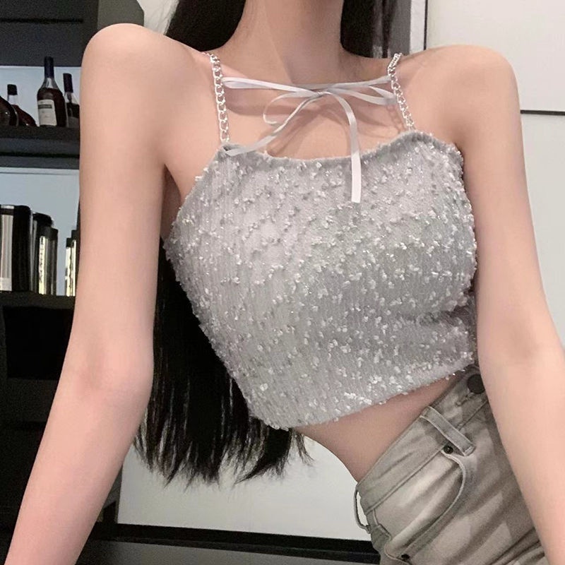 Jiashucheng Áo Ống Phối Dây Xích Màu Trơn Phong Cách Desire Ngọt Ngào Với Đệm Ngực Thiết Kế Cảm Giác Đính Nơ Bên Ngoài Cho