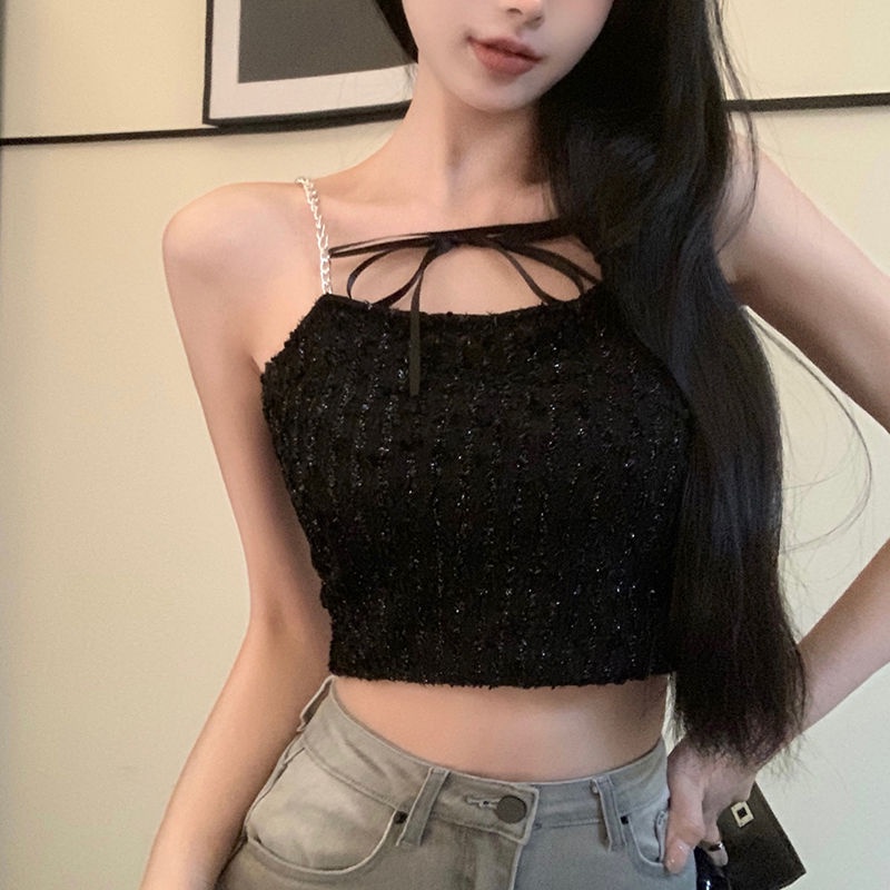 Jiashucheng Áo Ống Phối Dây Xích Màu Trơn Phong Cách Desire Ngọt Ngào Với Đệm Ngực Thiết Kế Cảm Giác Đính Nơ Bên Ngoài Cho