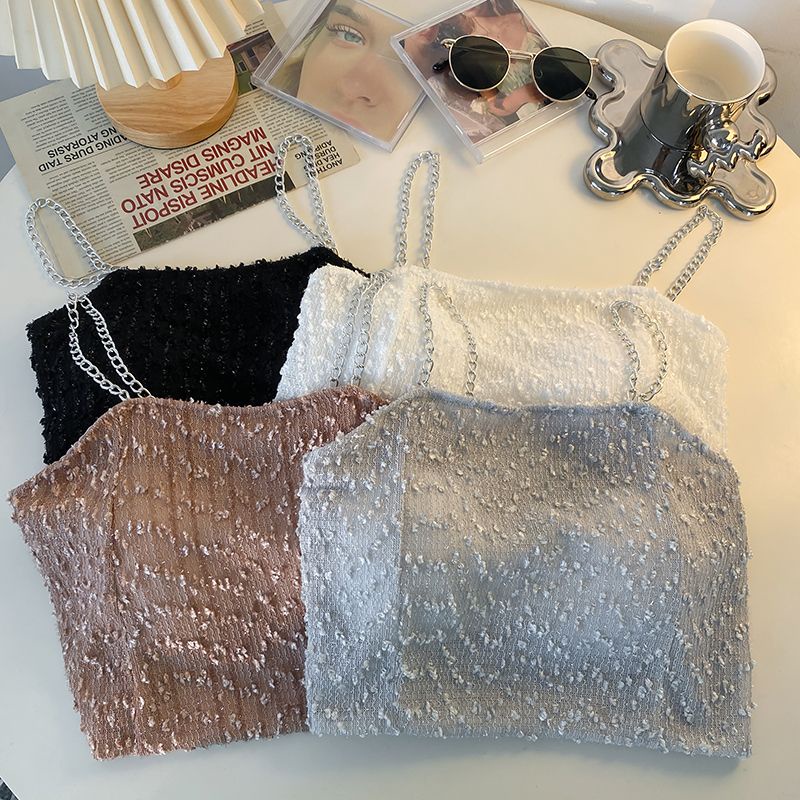 Jiashucheng Áo Ống Phối Dây Xích Màu Trơn Phong Cách Desire Ngọt Ngào Với Đệm Ngực Thiết Kế Cảm Giác Đính Nơ Bên Ngoài Cho