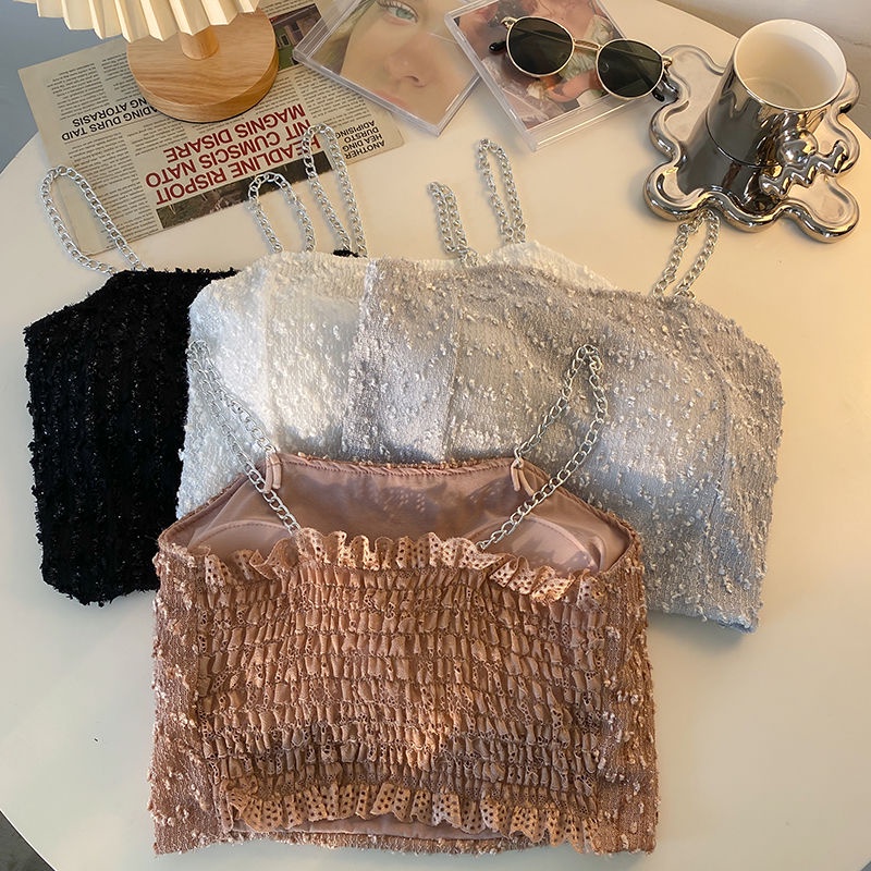 Jiashucheng Áo Ống Phối Dây Xích Màu Trơn Phong Cách Desire Ngọt Ngào Với Đệm Ngực Thiết Kế Cảm Giác Đính Nơ Bên Ngoài Cho