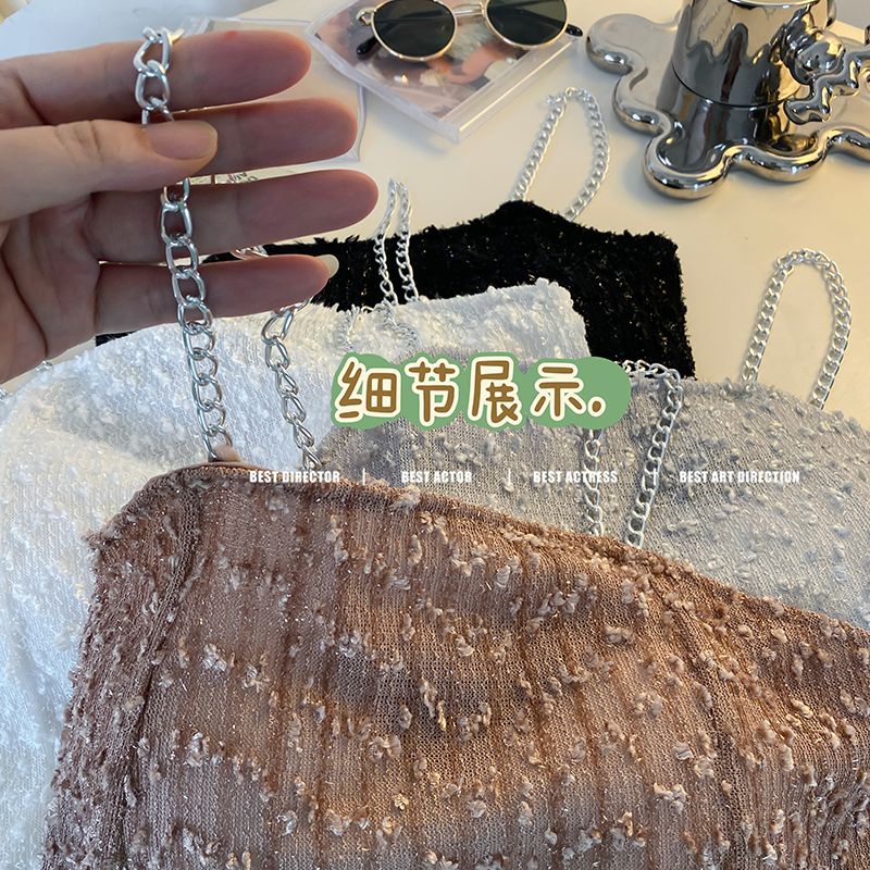 Jiashucheng Áo Ống Phối Dây Xích Màu Trơn Phong Cách Desire Ngọt Ngào Với Đệm Ngực Thiết Kế Cảm Giác Đính Nơ Bên Ngoài Cho