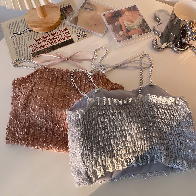 Jiashucheng Áo Ống Phối Dây Xích Màu Trơn Phong Cách Desire Ngọt Ngào Với Đệm Ngực Thiết Kế Cảm Giác Đính Nơ Bên Ngoài Cho