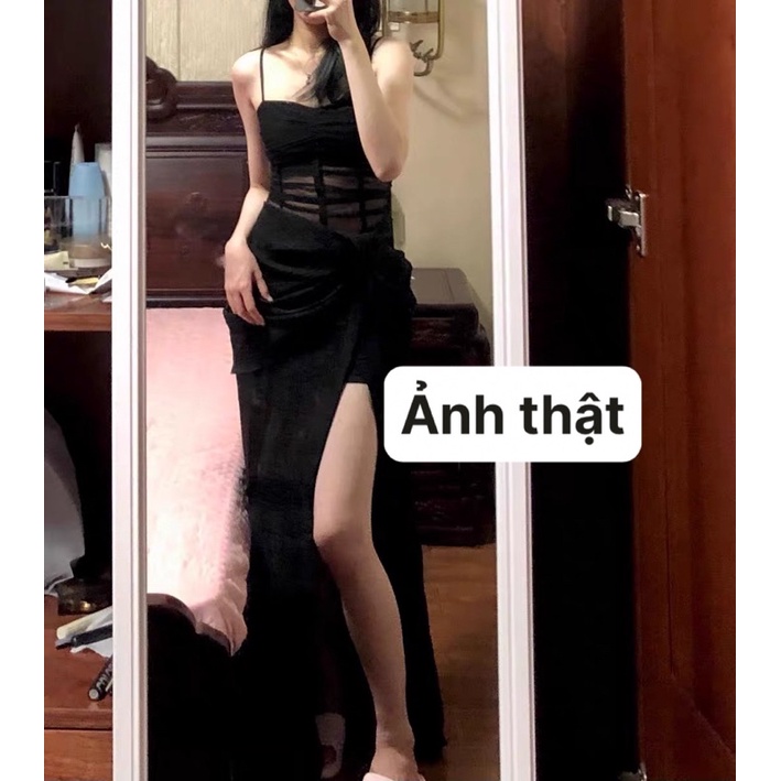 Váy 2s màu đen xẻ tà cực tôn dáng