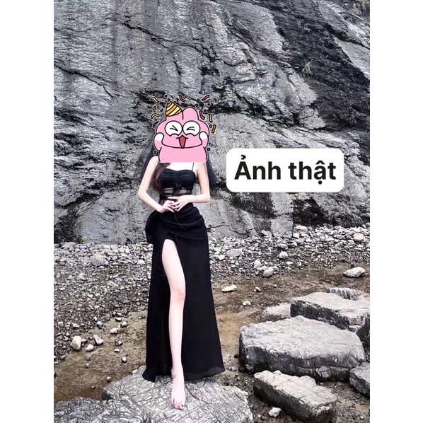 Váy 2s màu đen xẻ tà cực tôn dáng