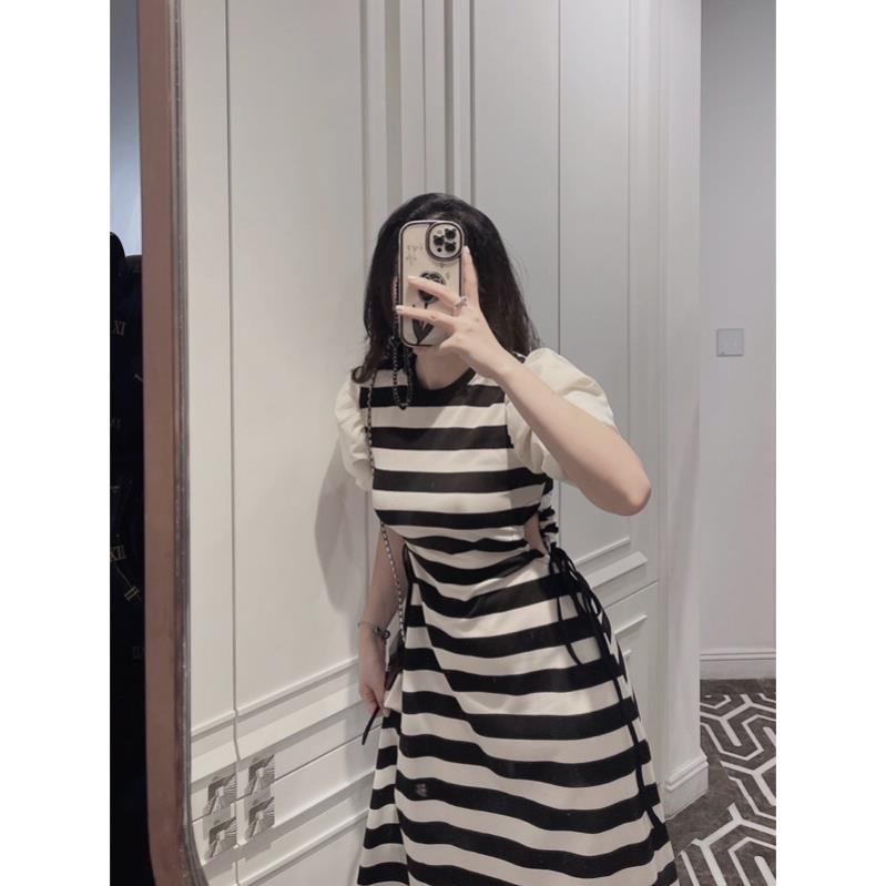 VÁY KẺ RÚT EO TAY BỒNG HOT