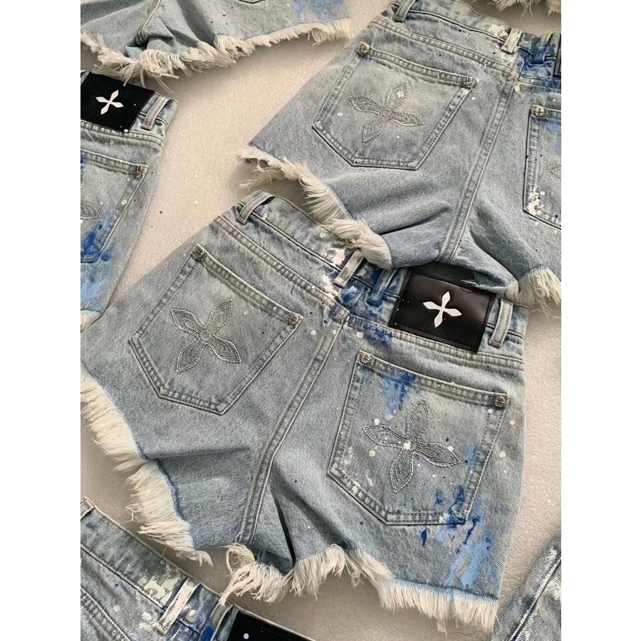 Jiashucheng Quần Short Denim Chéo Lưng Cao Họa Tiết Thêu Hoa Thủ Công Xẻ Tà Bán Chạy