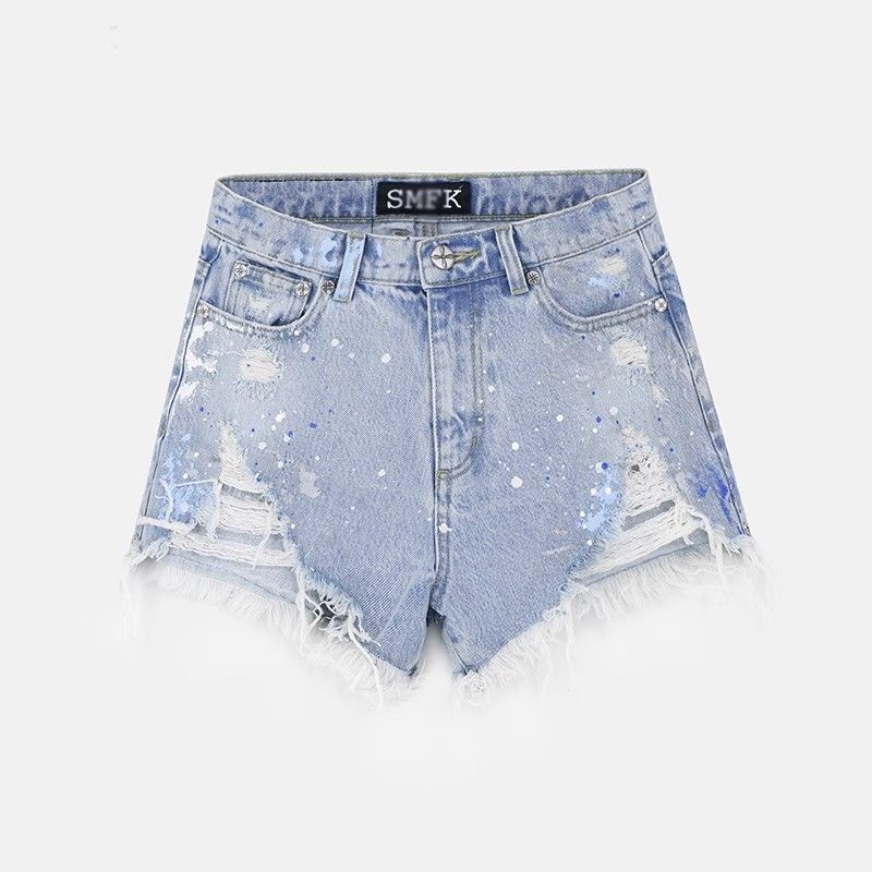 Jiashucheng Quần Short Denim Chéo Lưng Cao Họa Tiết Thêu Hoa Thủ Công Xẻ Tà Bán Chạy