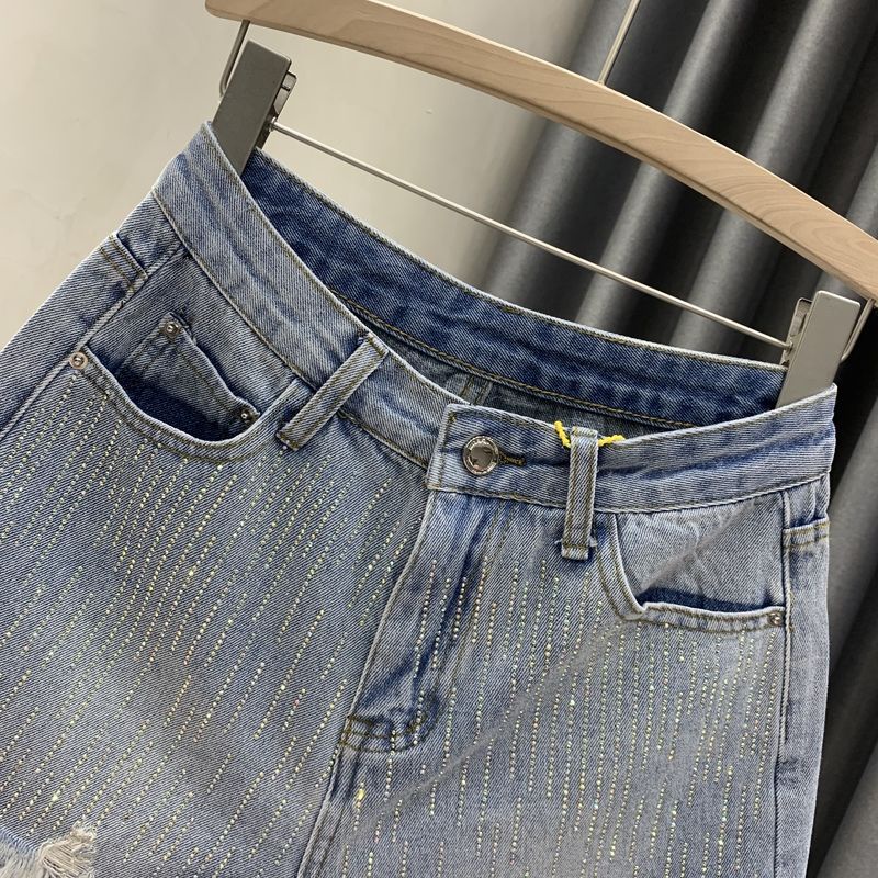 Jiashucheng Quần Short Denim Dáng Chữ a Cạp Cao Đính Kim Cương Nóng Bỏng Thời Trang Mùa Hè Mới Dễ Phối Đồ Cho Nữ