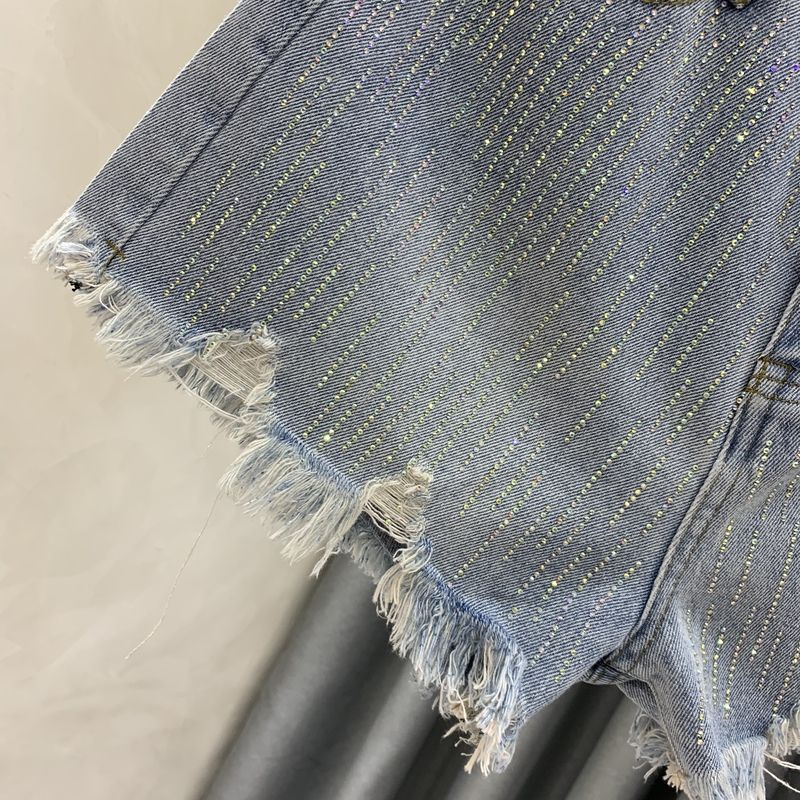Jiashucheng Quần Short Denim Dáng Chữ a Cạp Cao Đính Kim Cương Nóng Bỏng Thời Trang Mùa Hè Mới Dễ Phối Đồ Cho Nữ