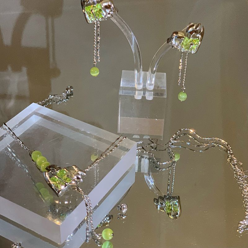 Set Vòng cổ Và Đôi Khuyên Tai Kim Loại Đính Đá Zircon Xanh Lá Dạ Quang Thời Trang Cho Nữ