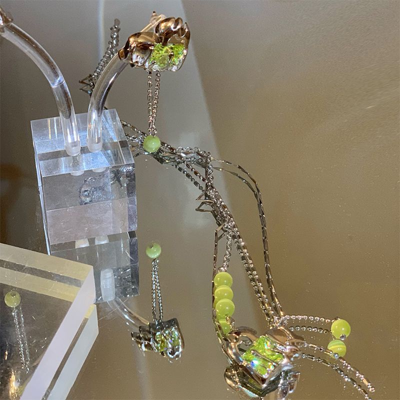 Set Vòng cổ Và Đôi Khuyên Tai Kim Loại Đính Đá Zircon Xanh Lá Dạ Quang Thời Trang Cho Nữ