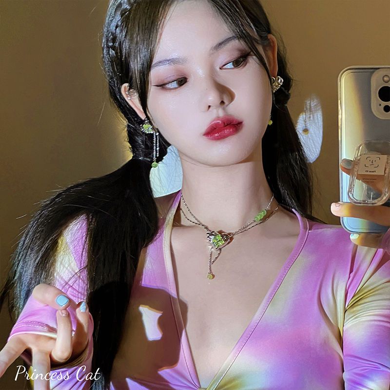 Set Vòng cổ Và Đôi Khuyên Tai Kim Loại Đính Đá Zircon Xanh Lá Dạ Quang Thời Trang Cho Nữ