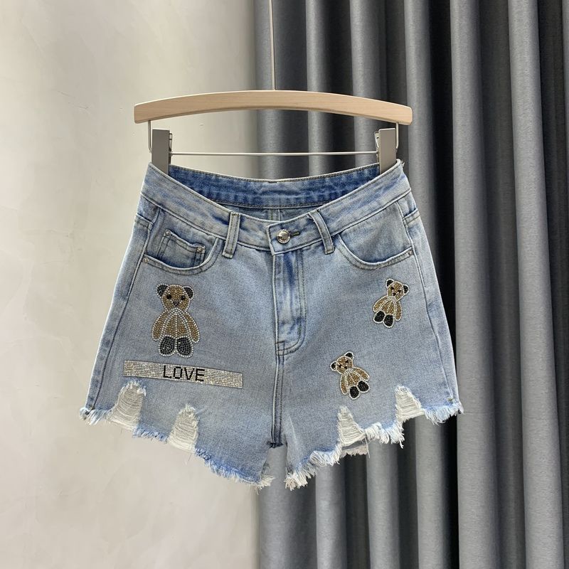 Jiashucheng Hàng Châu Âu Quần Short Denim Họa Tiết Gấu Hoạt Hình Đính Đá Thời Trang Mùa Hè Mới Dễ Phối Đồ Cho Nữ Ri