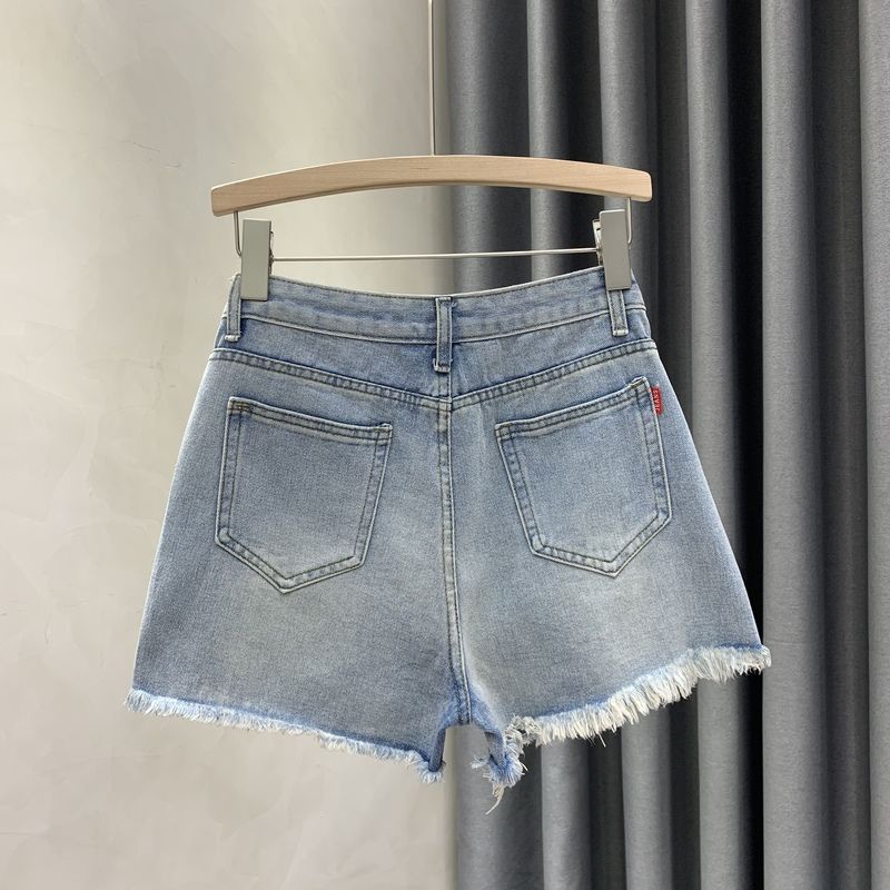 Jiashucheng Hàng Châu Âu Quần Short Denim Họa Tiết Gấu Hoạt Hình Đính Đá Thời Trang Mùa Hè Mới Dễ Phối Đồ Cho Nữ Ri