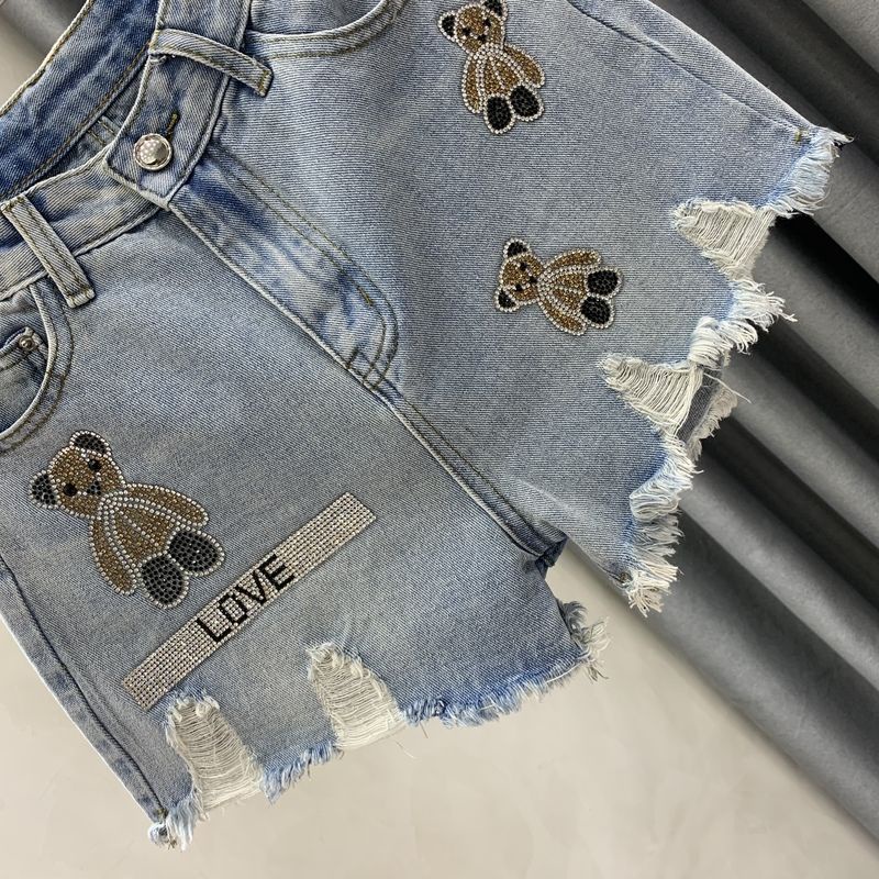 Jiashucheng Hàng Châu Âu Quần Short Denim Họa Tiết Gấu Hoạt Hình Đính Đá Thời Trang Mùa Hè Mới Dễ Phối Đồ Cho Nữ Ri